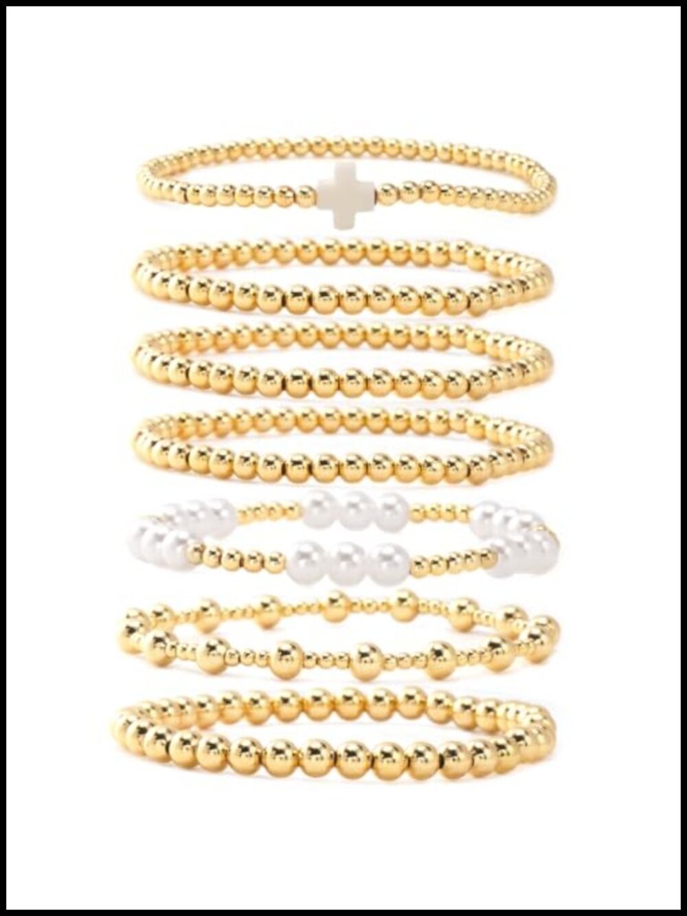 14K Gold Plated Cross Beaded Stretch Bracelet Set for Women, Stackable